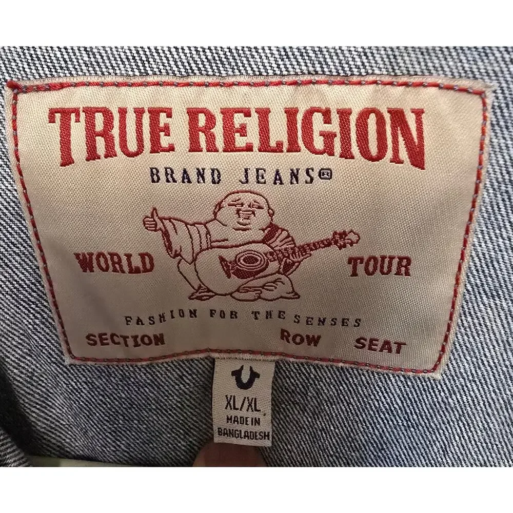 True Religion Mens XL Denim Jean Jacket All Over Logo World Tour NWOT NEW